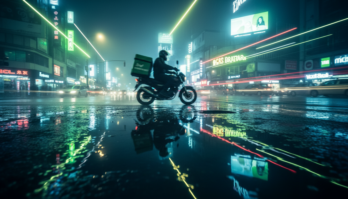 Delivery rider speeding through neon-lit city streets at night