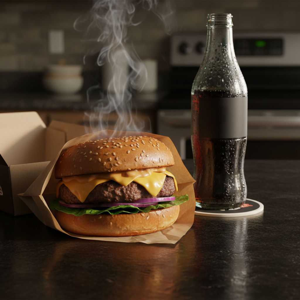 Gourmet burger with steam rising, hyper-realistic food photography