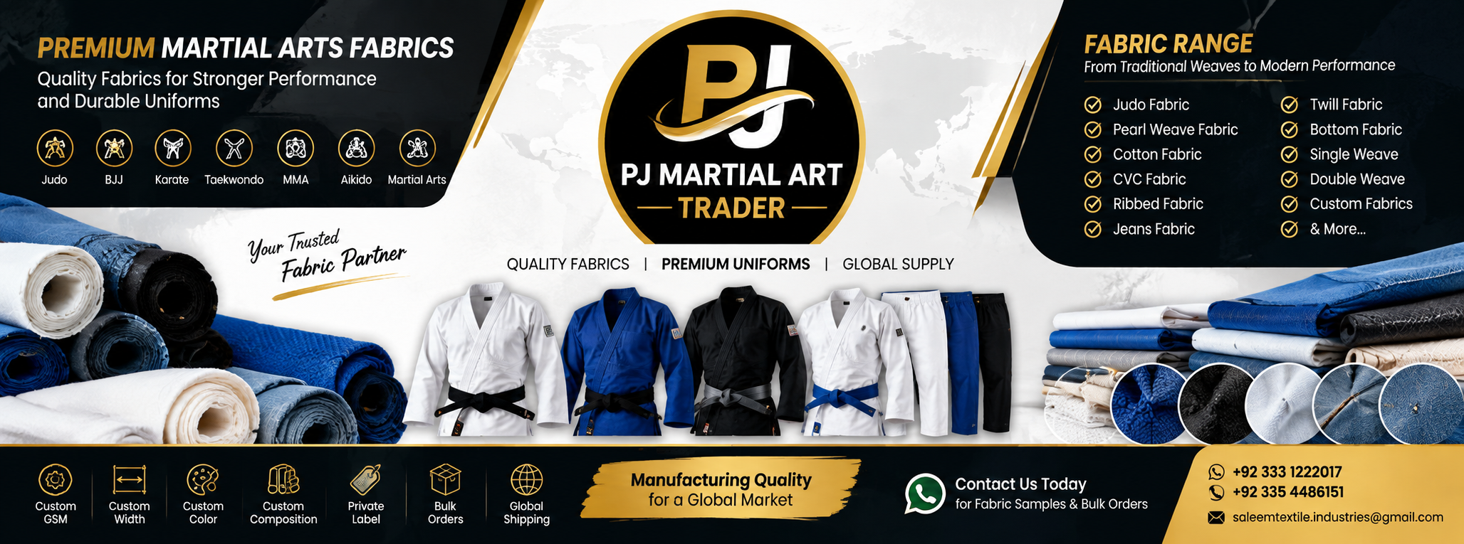 PJ Sportswears — Premium Martial Arts Fabrics Banner