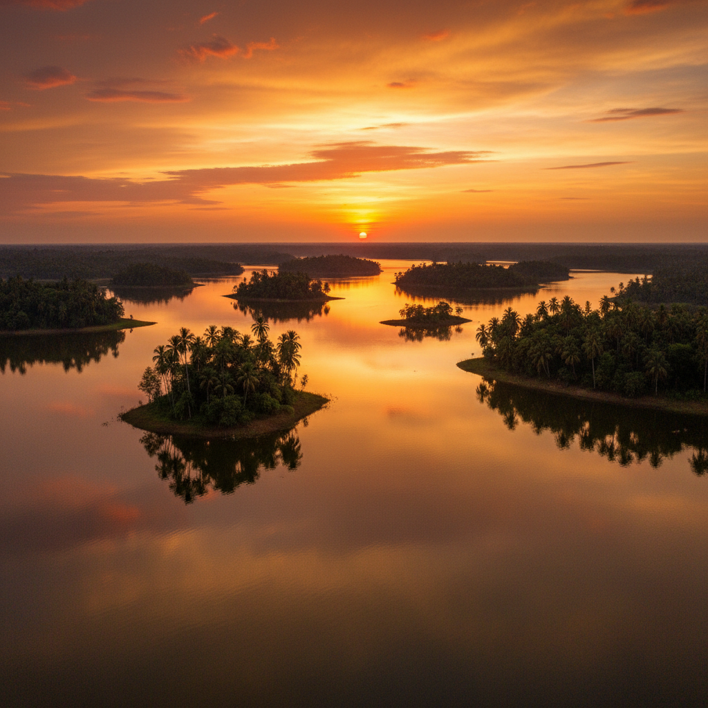 Volta Lake Ghana largest man-made lake with golden sky at sunset