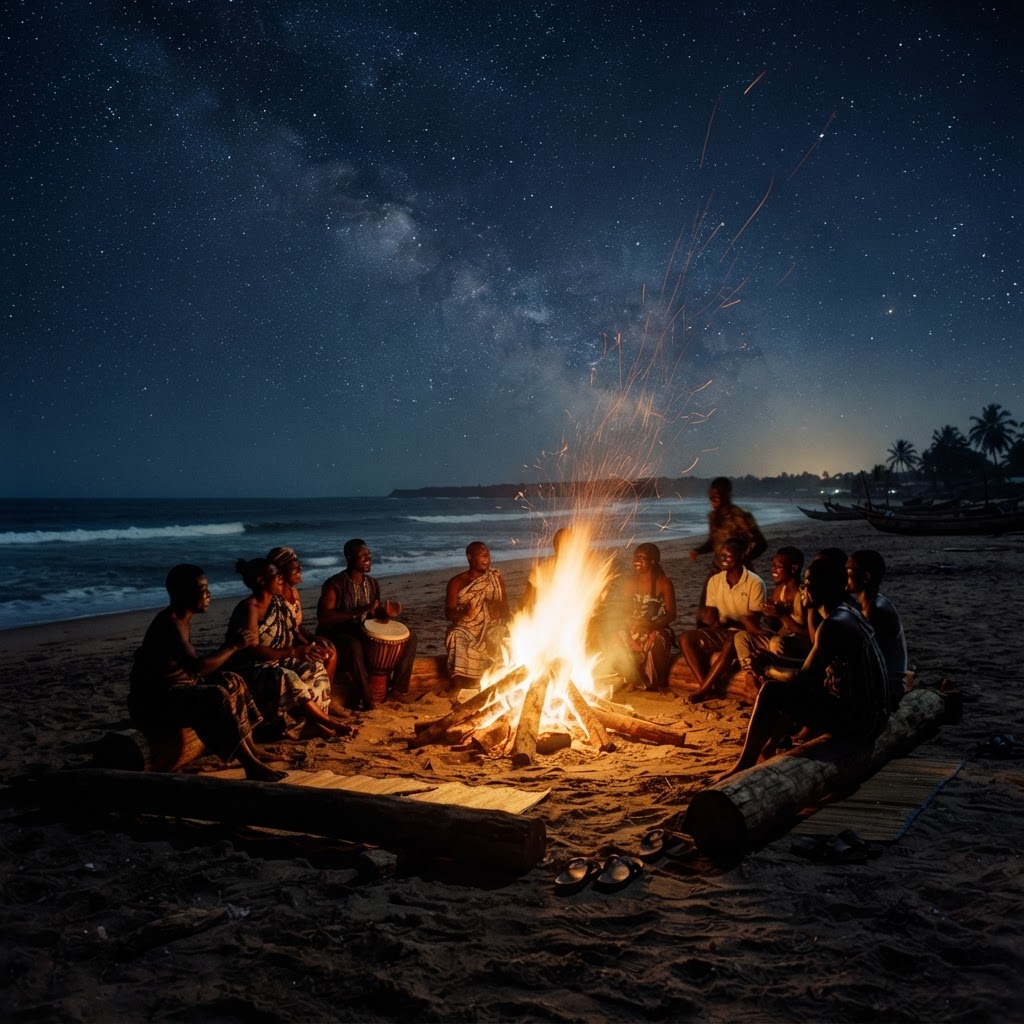 Beach bonfire at night on a Ghanaian coastline with silhouettes around the fire