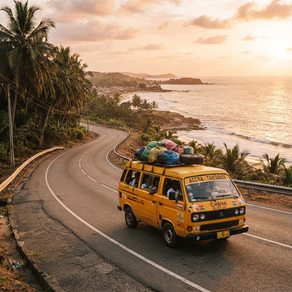 A yellow trotro minivan on a coastal road in Ghana at golden hour