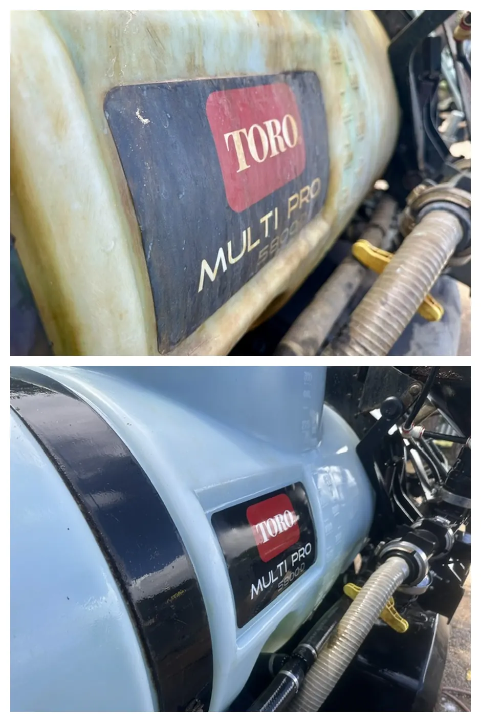 Toro Multi Pro 5800 sprayer tank before and after Bio-Circle cleaning