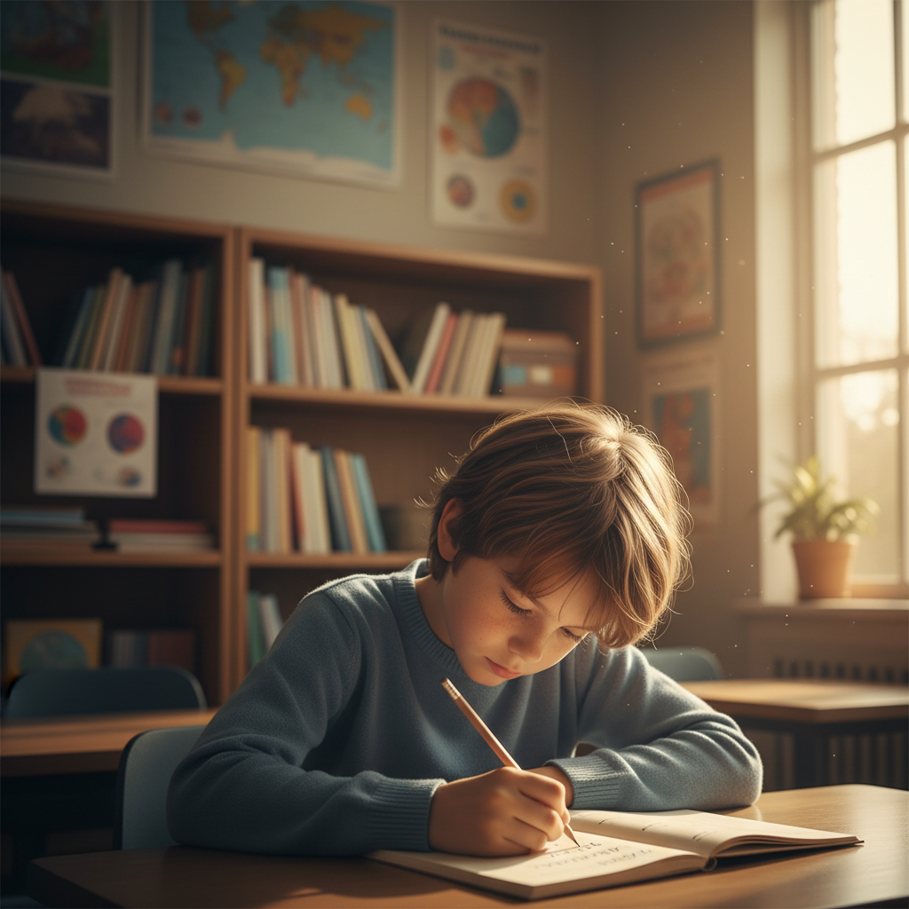 A child writing at a desk