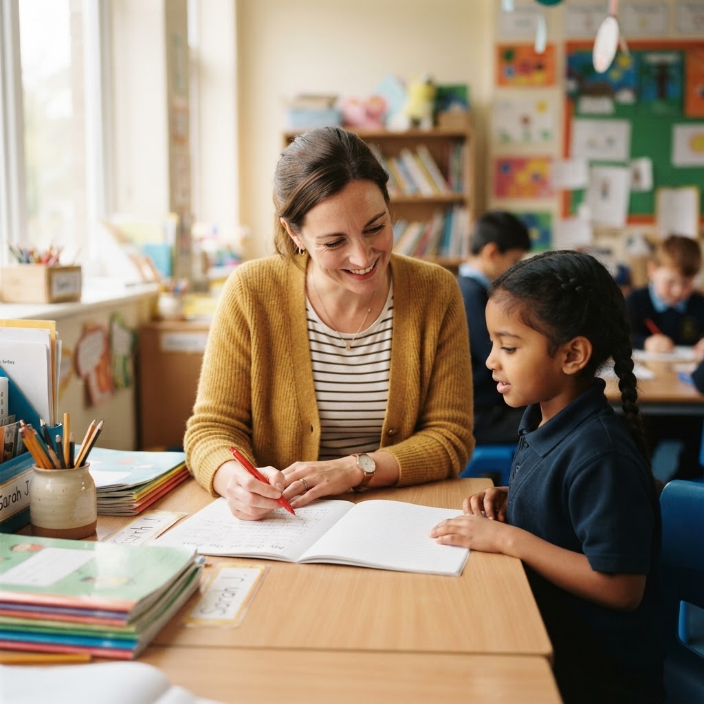 Teacher assessing a pupil's writing