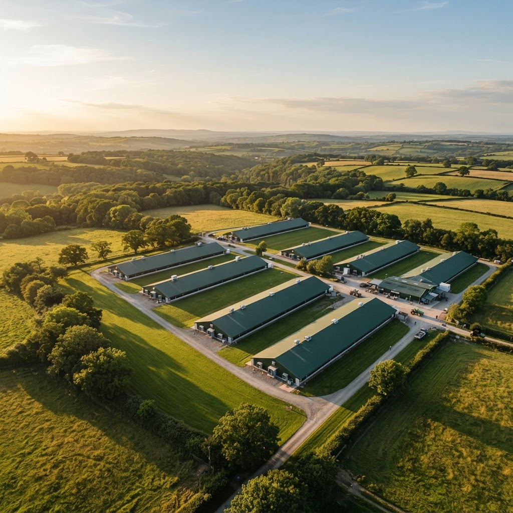 Aerial view of a green poultry farm at golden hour