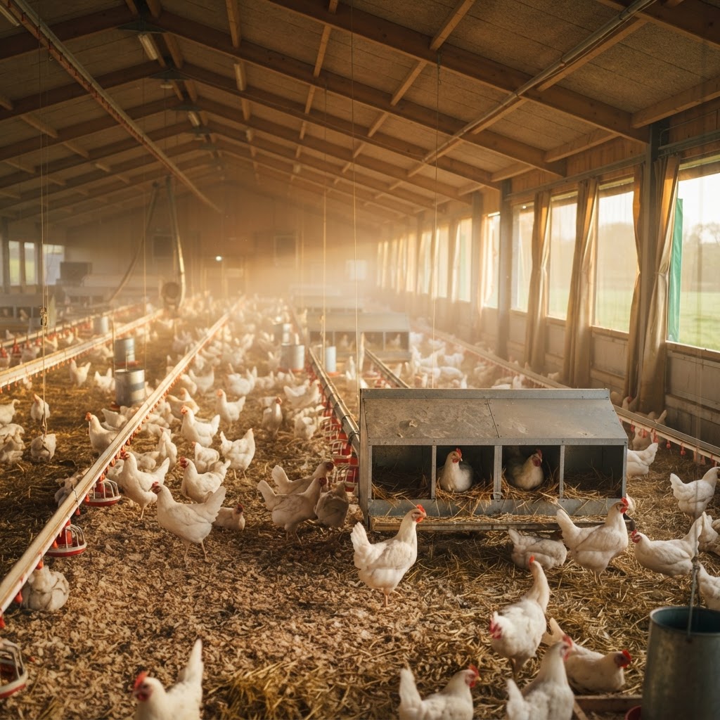 Modern poultry layer house with healthy hens and automated feeders