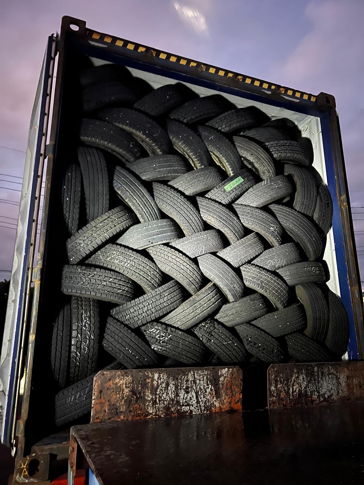 Full tyre wall — packed container ready to ship