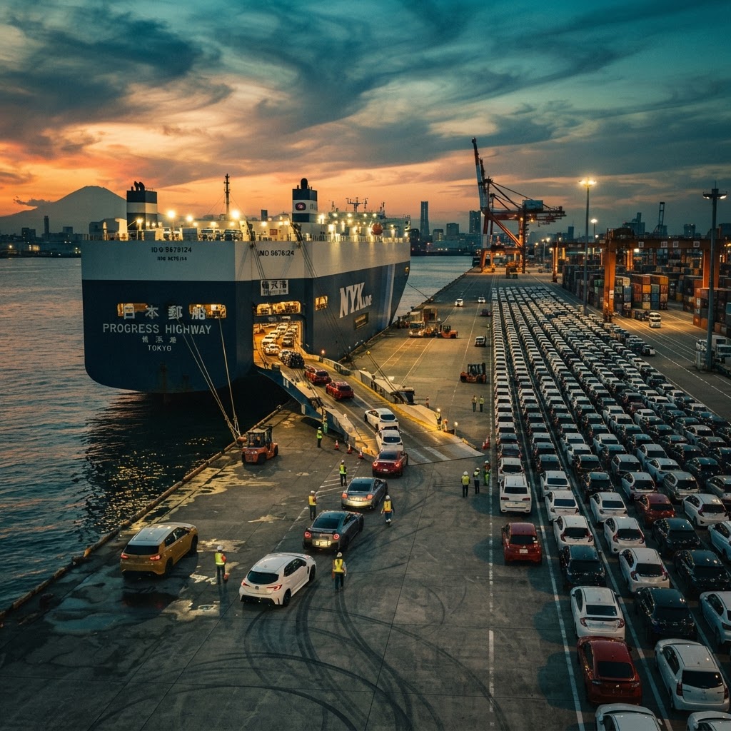Japanese port with cargo vessels loading vehicles for international export