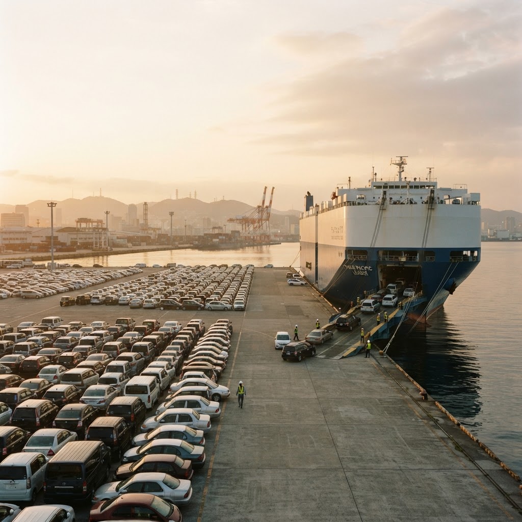 Japanese port at sunrise with car carriers preparing vehicles for international export