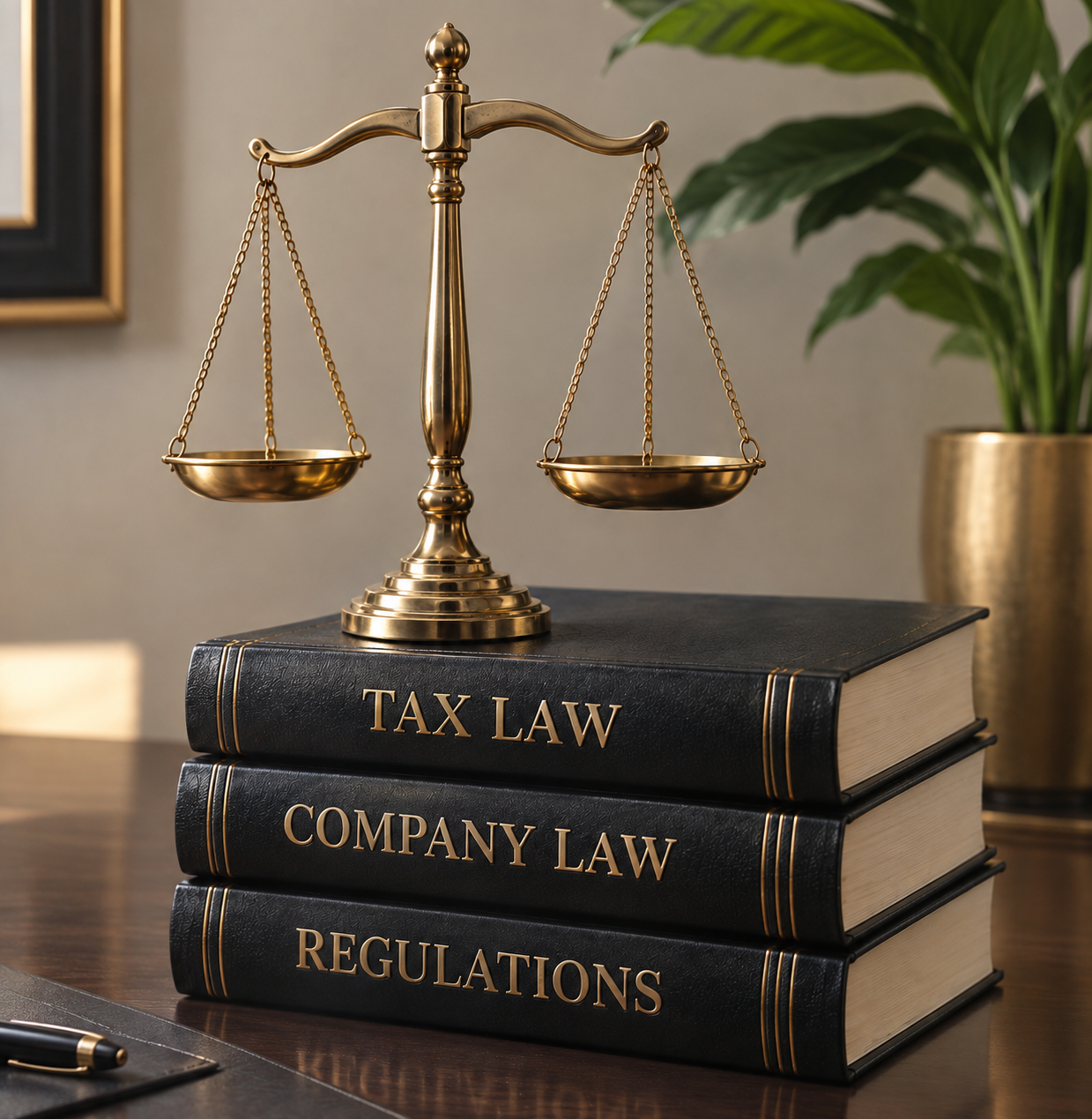 Gold scales of justice on law books representing regulatory compliance
