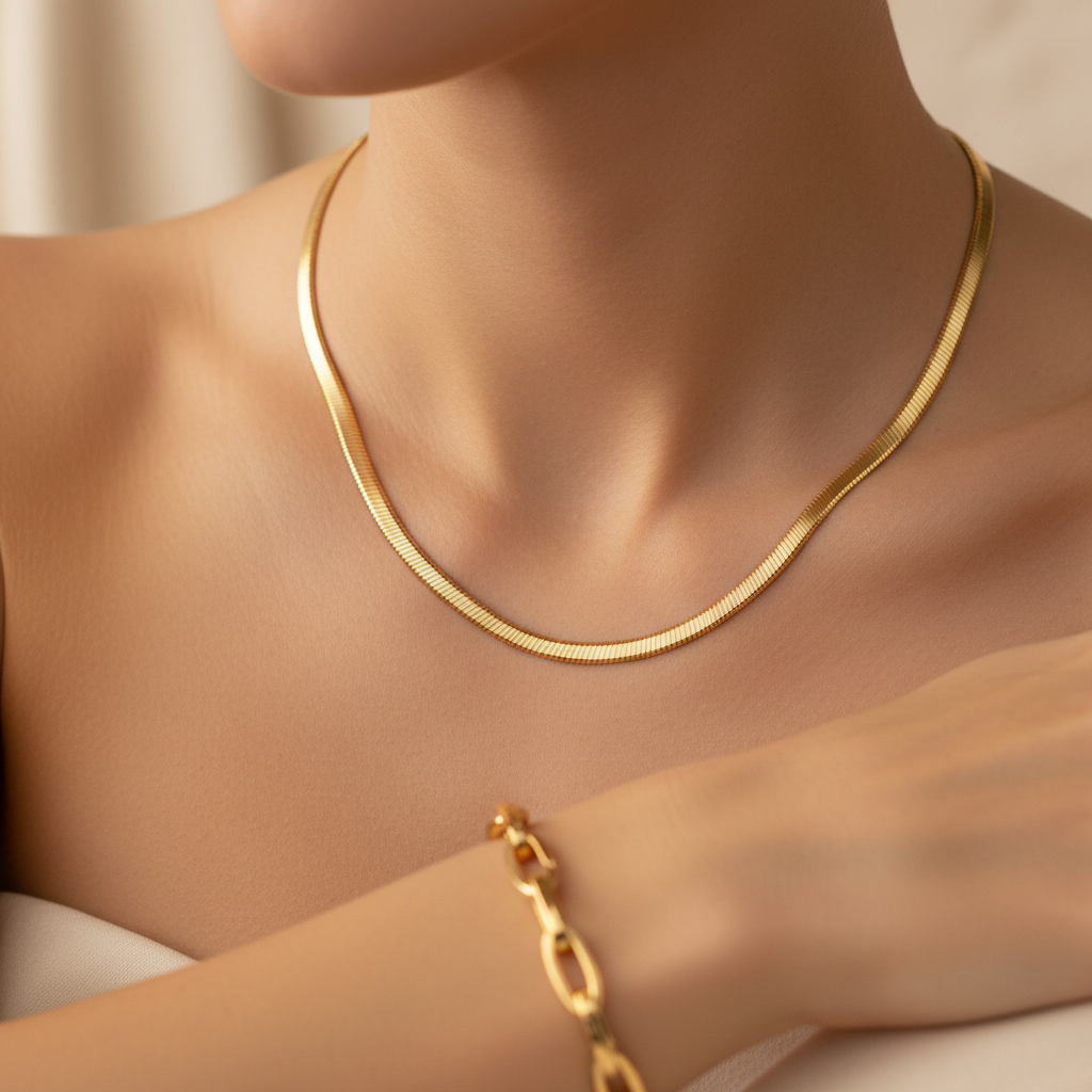 Handcrafted gold plated chain necklace on collarbone — luxury jewelry
