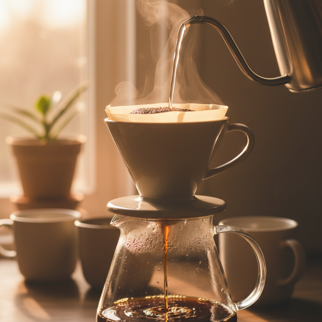 Pour-over coffee being brewed into a glass carafe
