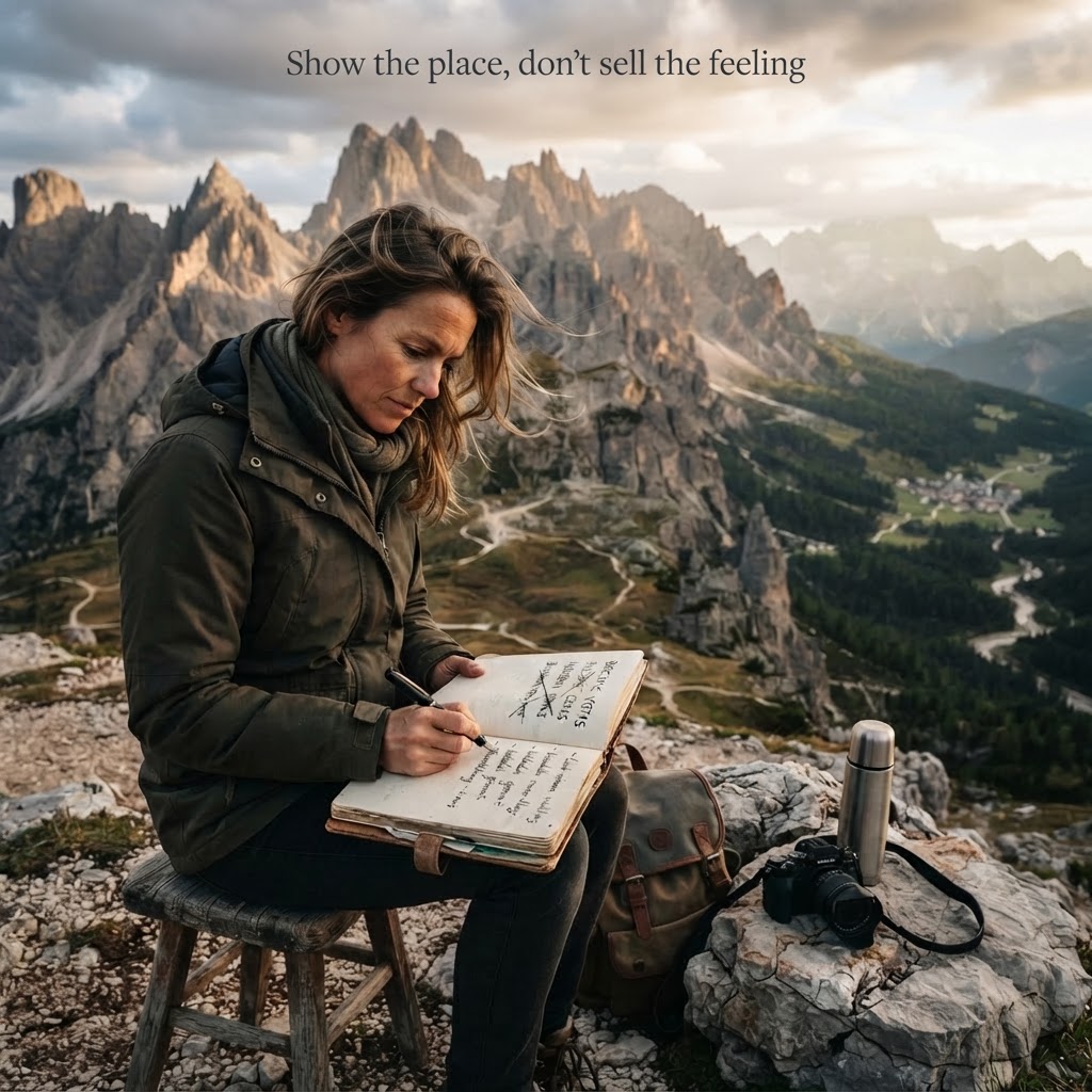 Writer on a mountain summit at dawn, with the caption "Show the place, don't sell the feeling" set quietly in the sky
