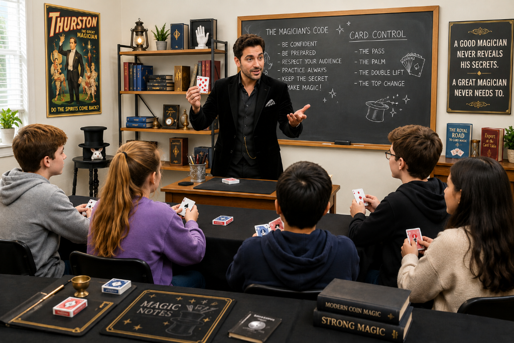 Magic classroom with instructor teaching students card tricks