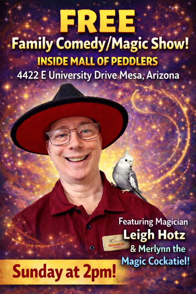 Free Family Comedy/Magic Show β Sunday at 2pm inside Mall Of Peddlers, featuring Leigh Hotz & Merlynn the Magic Cockatiel
