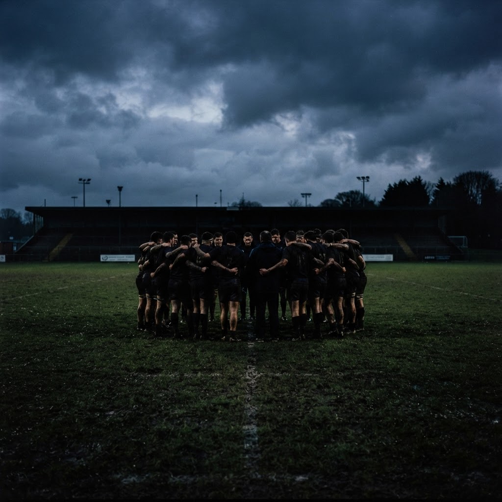 A team huddle on a field at dusk