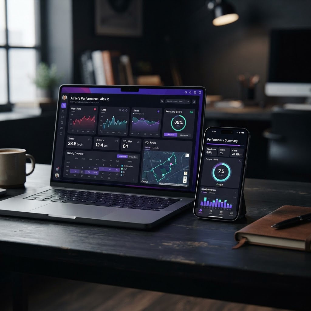 A laptop and smartphone showing the Apex Athlete dashboard
