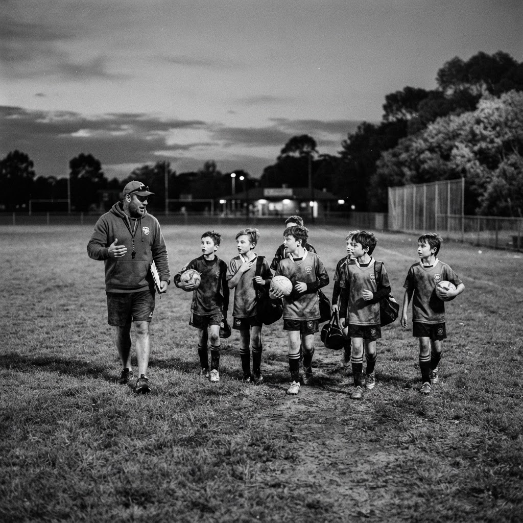 A coach walking alongside a group of athletes on a field at dusk