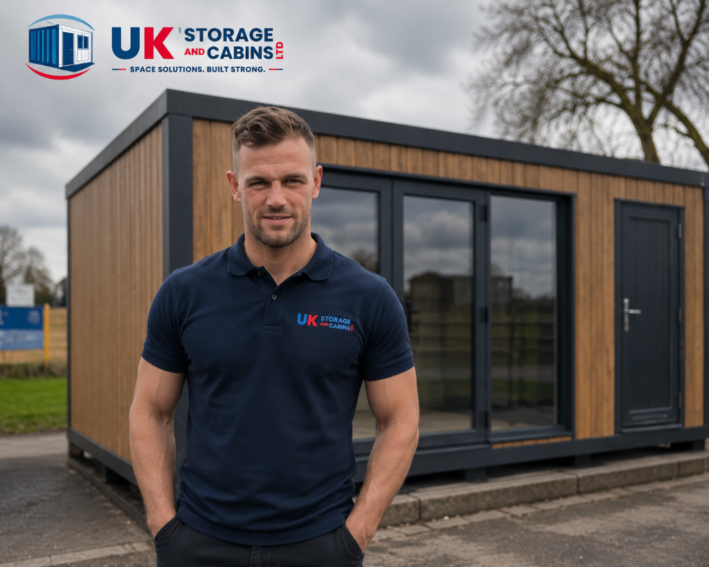 UK Storage and Cabins team member in front of a modular garden room