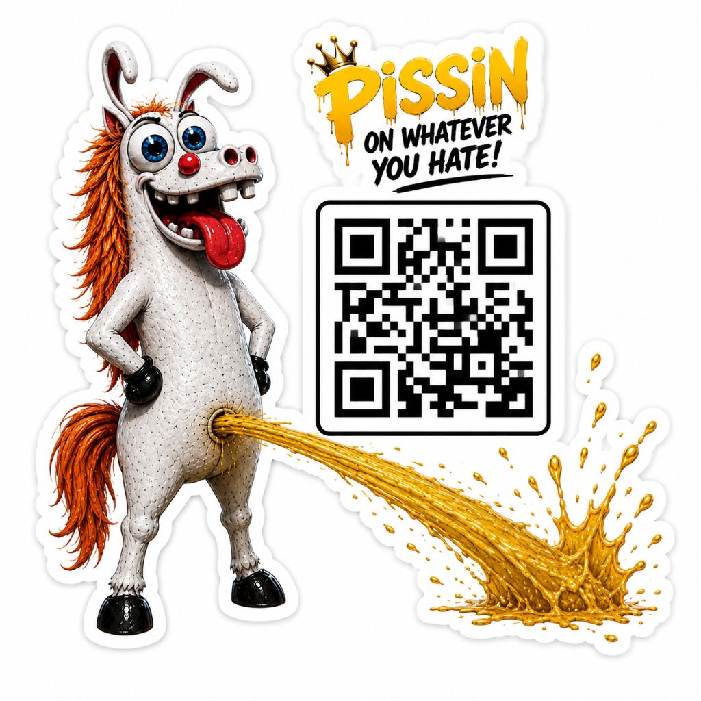 $PISSIN sticker — a crazed horse creature pissing on whatever you hate