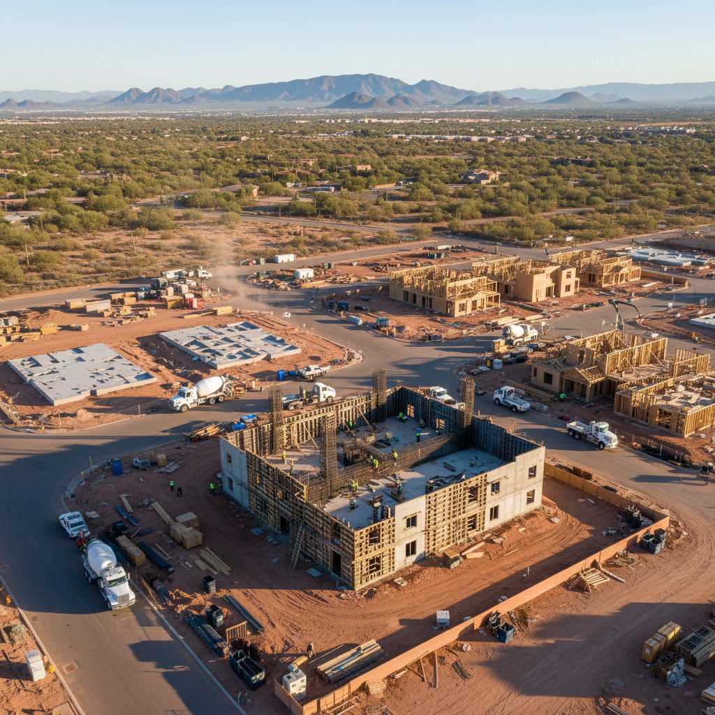 Active residential and commercial construction site with foundation work, concrete placement, and framing crews