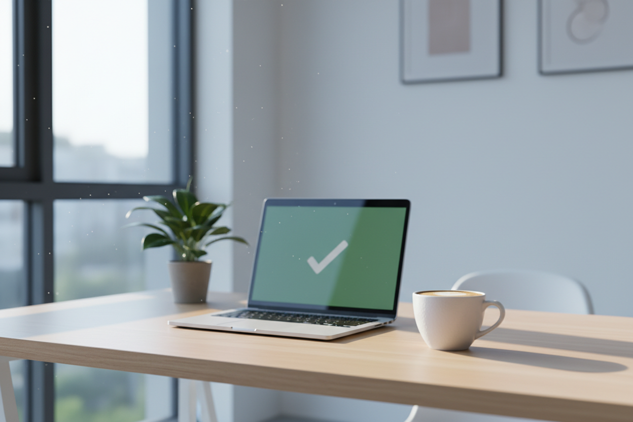 Clean minimalist desk with laptop showing completed notarization