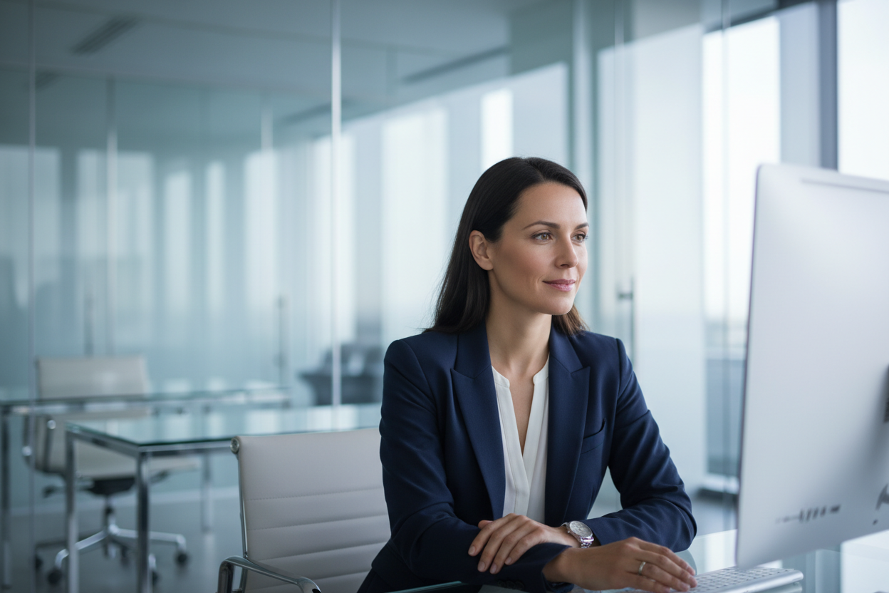 Professional notary in a modern glass-walled office ready to assist with your online notarization