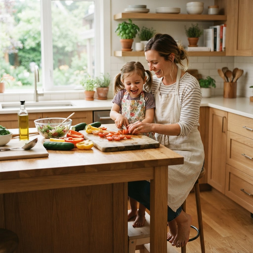 A family cooking together in a warm kitchen