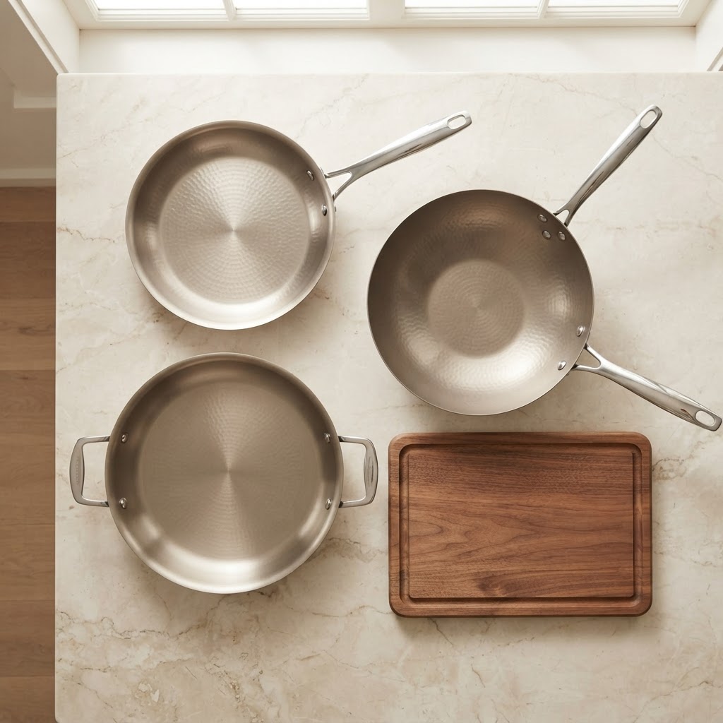 Curated titanium cookware set with frying pan, wok, sauté pan and cutting board