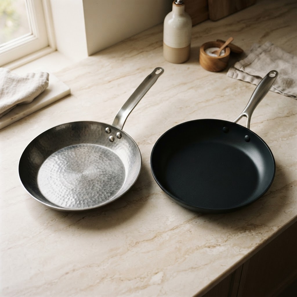 Titanium frying pan next to a traditional non-stick coated pan