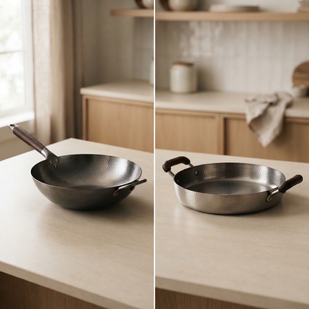 Titanium wok and titanium sauté pan side by side on a countertop