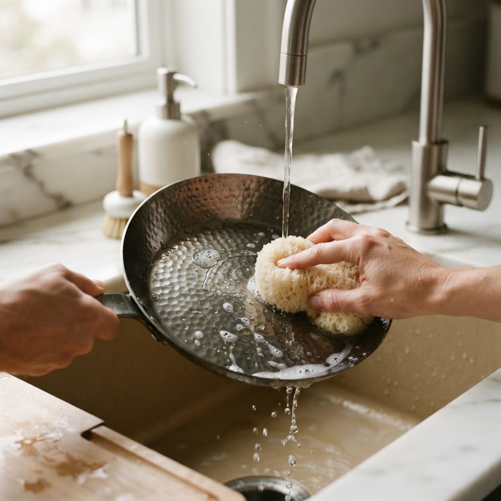 Cleaning a titanium frying pan with a soft sponge under running water