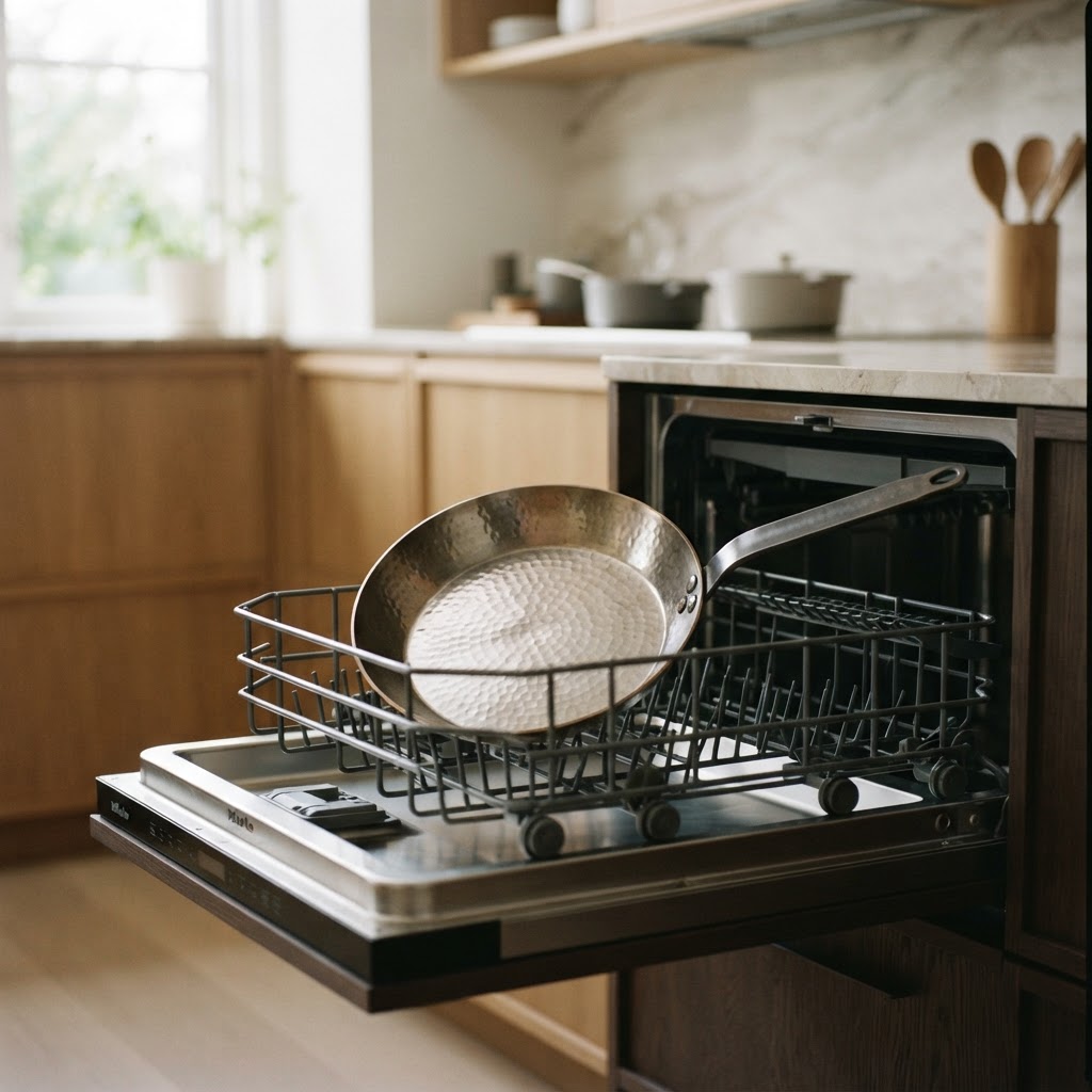 Titanium frying pan placed inside an open dishwasher rack