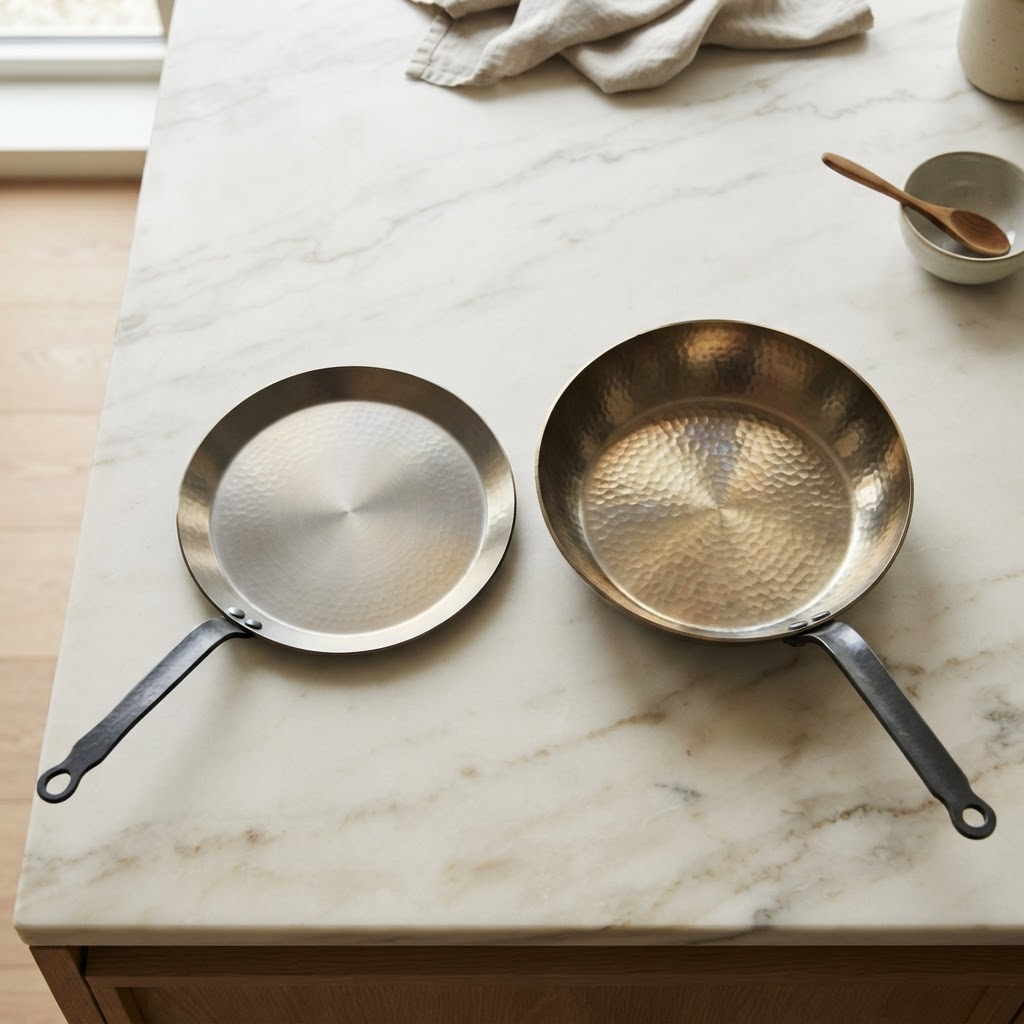 Titanium crepe pan and titanium frying pan side by side