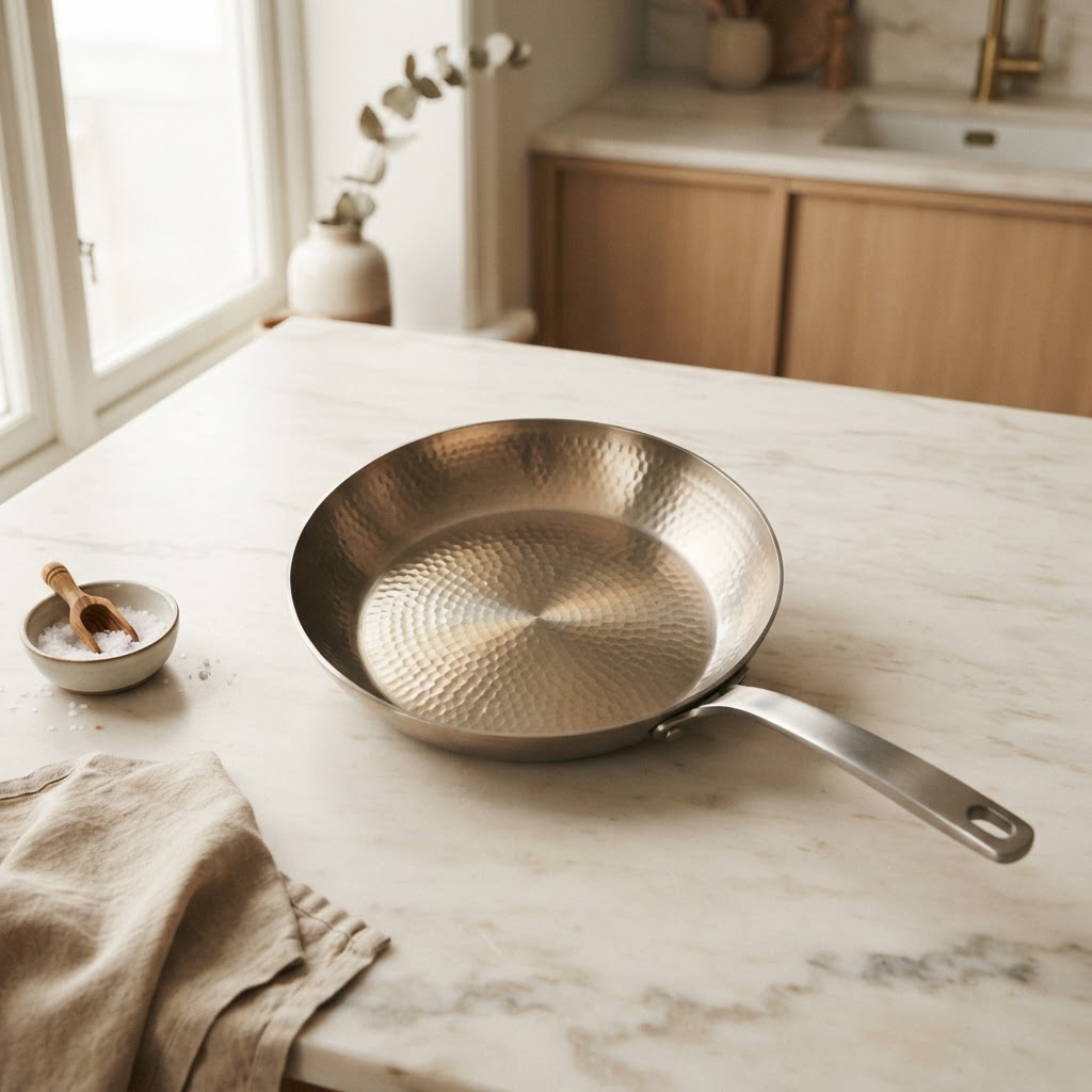 Hand-hammered titanium frying pan on a warm marble countertop
