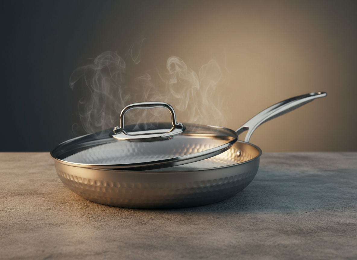Uncoated titanium frying pan surface close-up