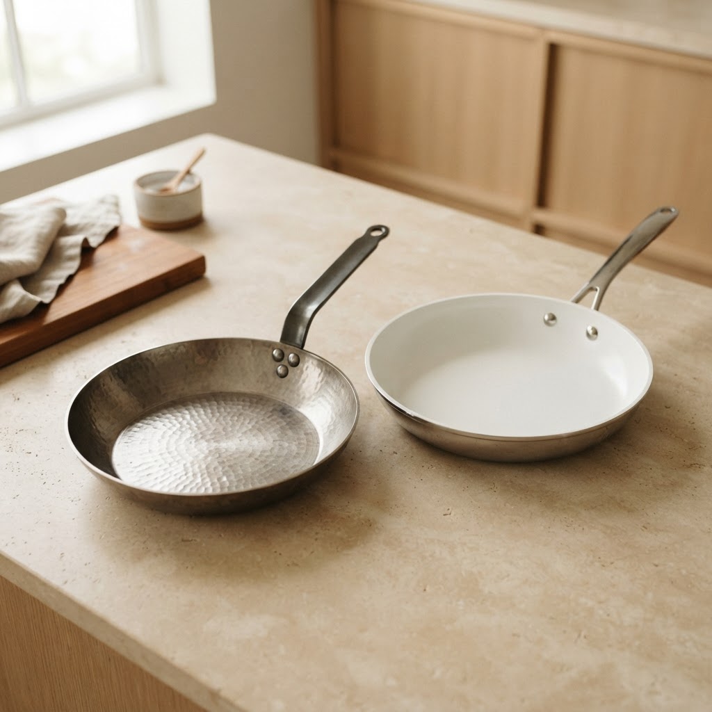Titanium frying pan next to a ceramic-coated pan for comparison