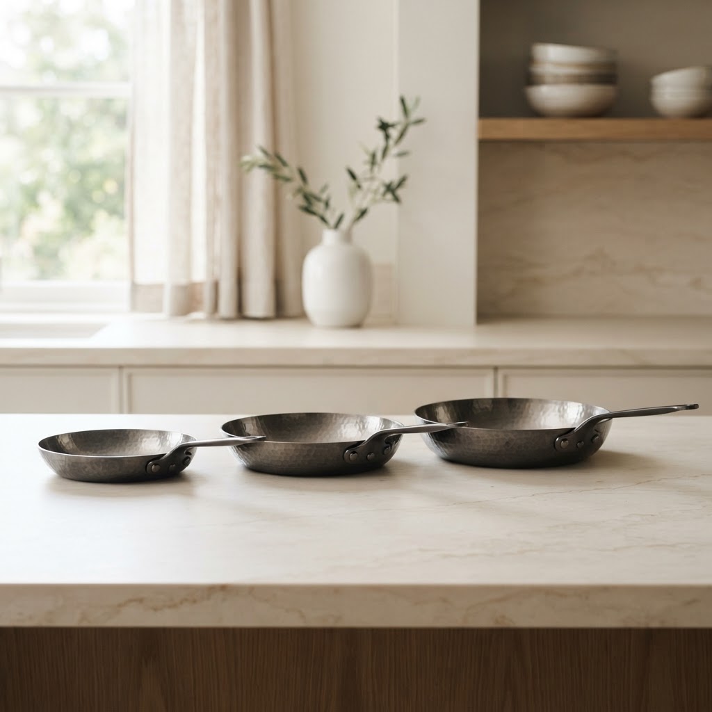 Three titanium frying pans in different sizes arranged in a row