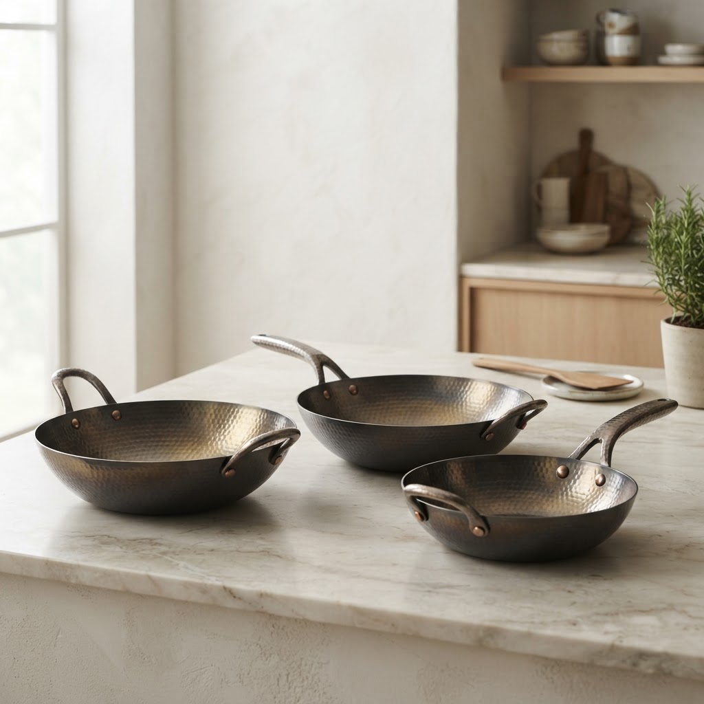 Three titanium woks in different sizes on a marble surface