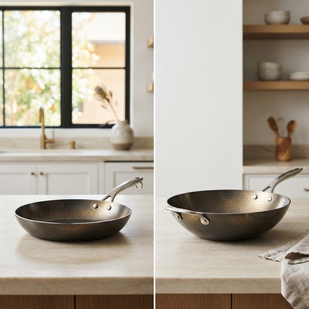 Titanium frying pan and titanium wok side by side on a countertop