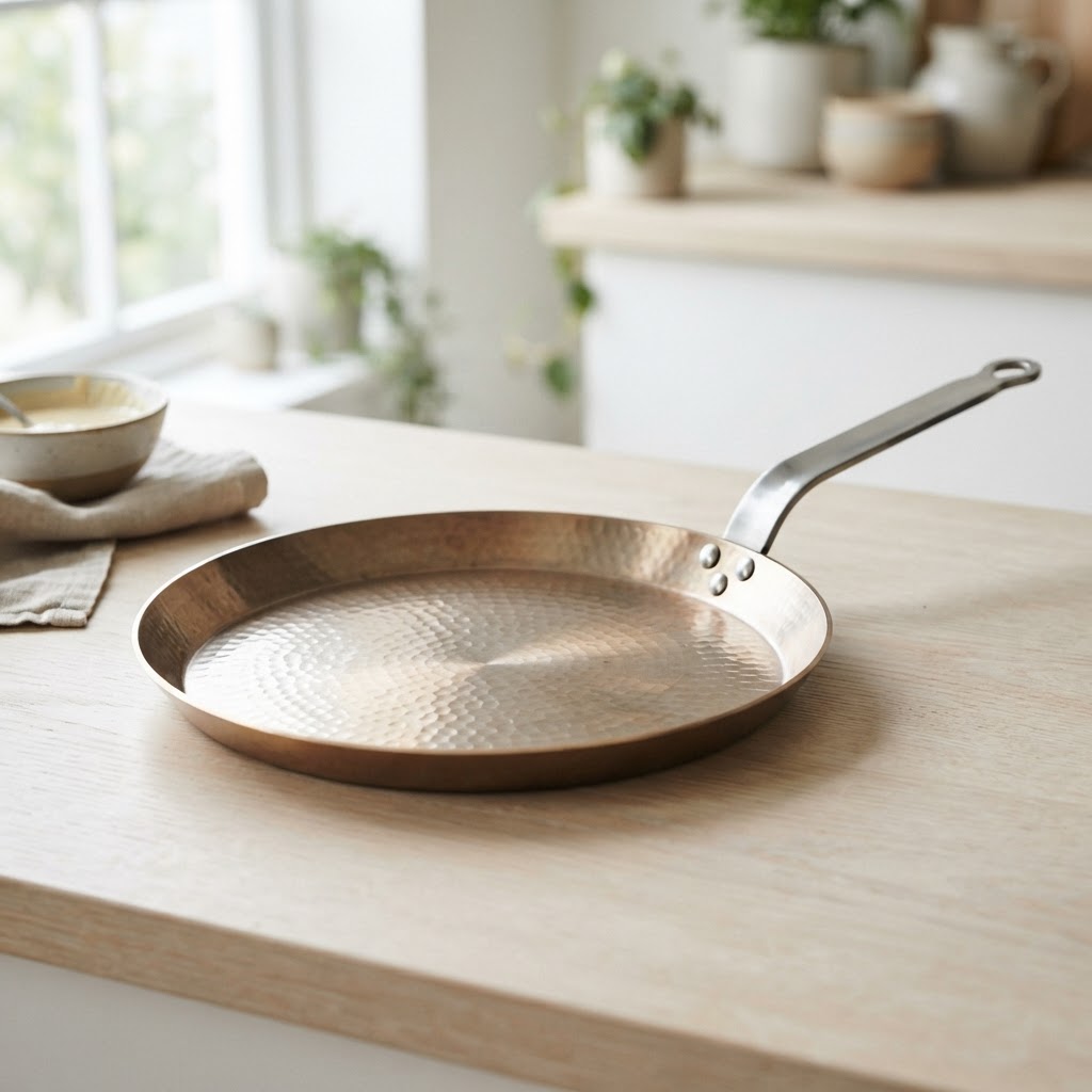 Crepe cooking on a titanium crepe pan