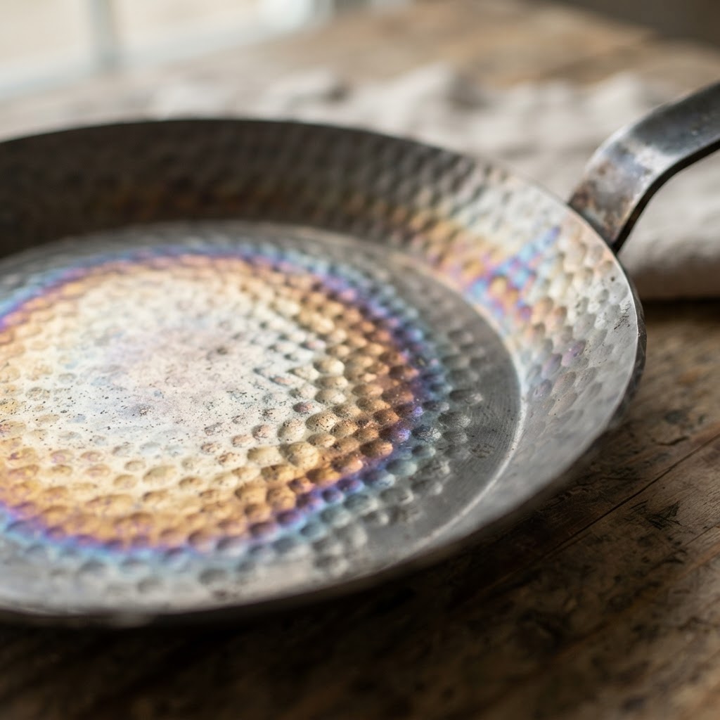 Iridescent golden and blue heat tint on a hand-hammered titanium pan surface