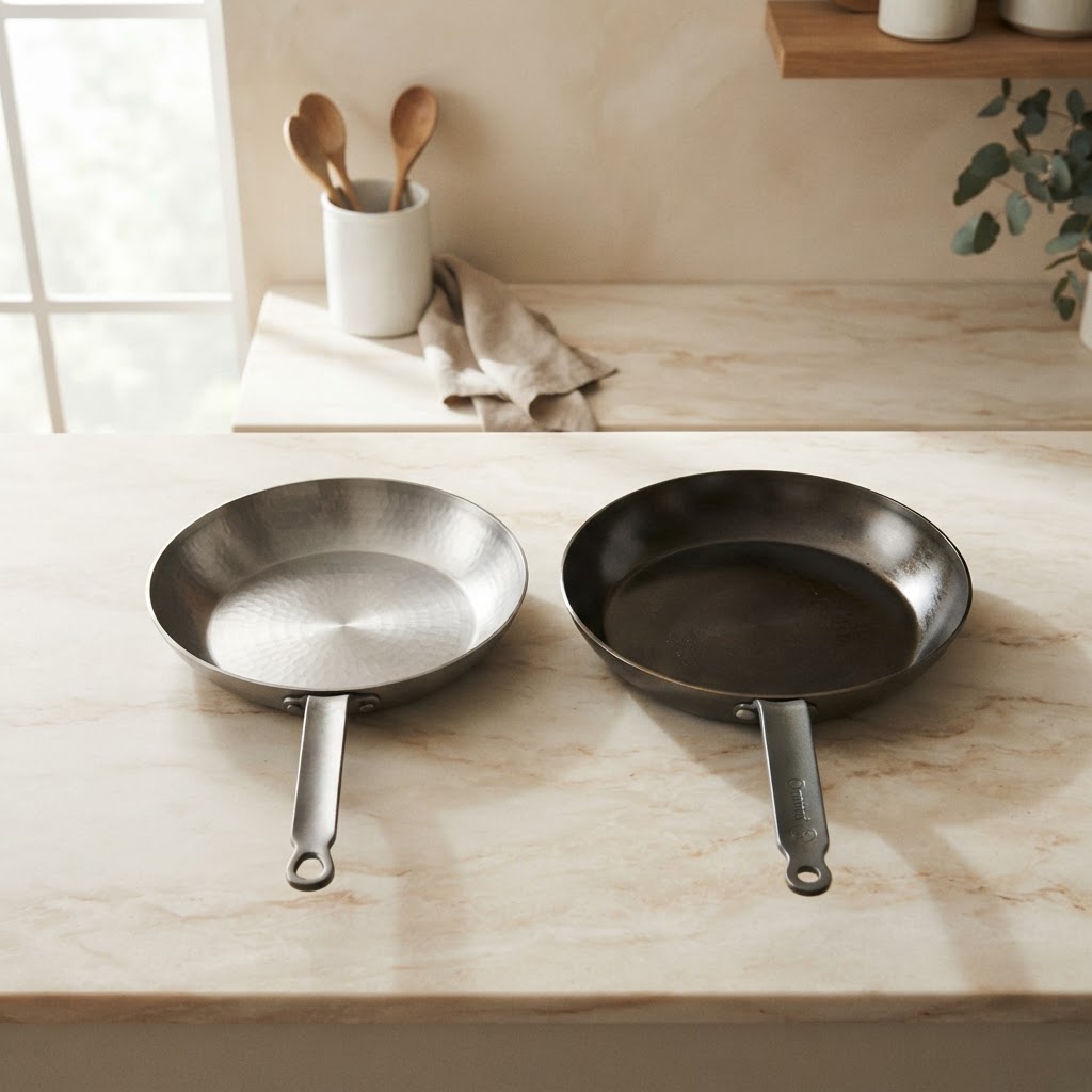 Titanium frying pan next to a carbon steel pan for comparison