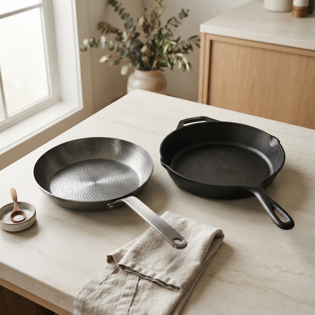 Titanium frying pan next to a cast iron skillet for comparison