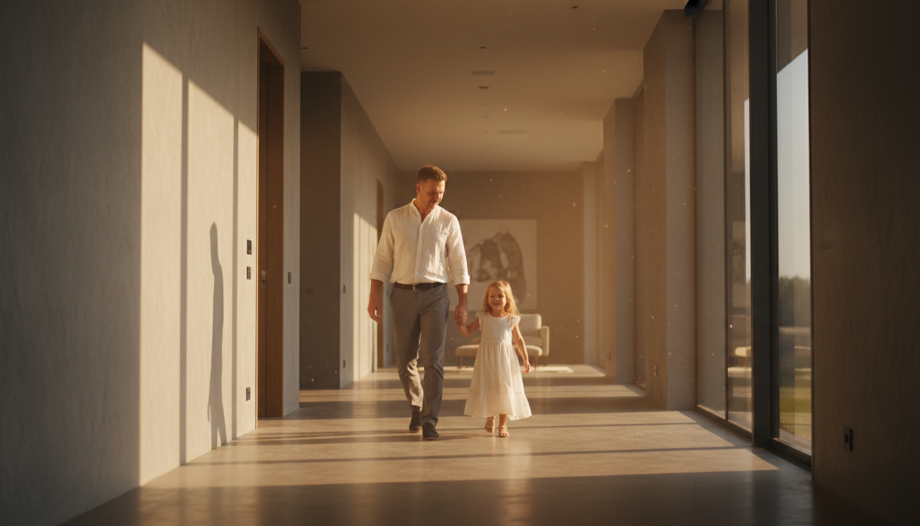 Father and daughter walking in golden light