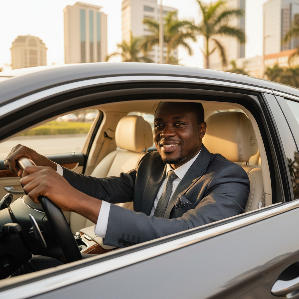 Ghanaian businessman inside a luxury car