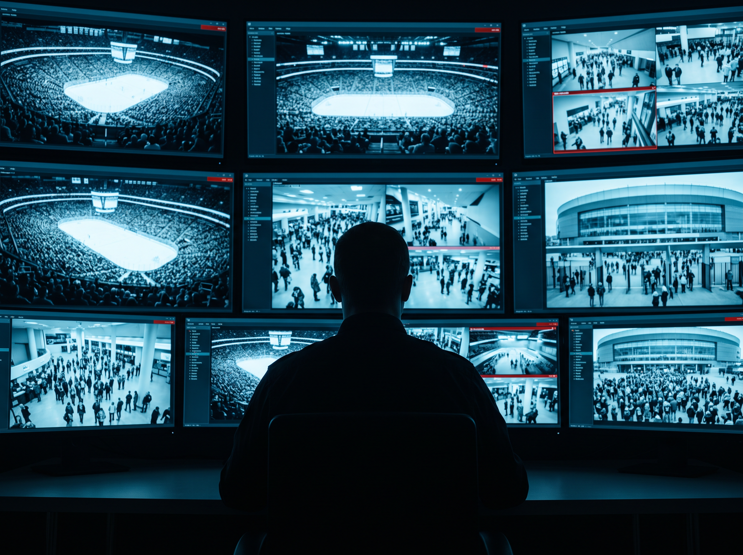 Security operators monitoring CCTV feeds in a command center