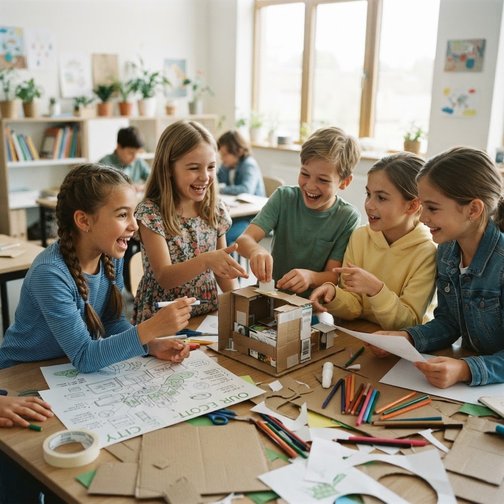Children around 8-10 years old working on a group project together in a classroom