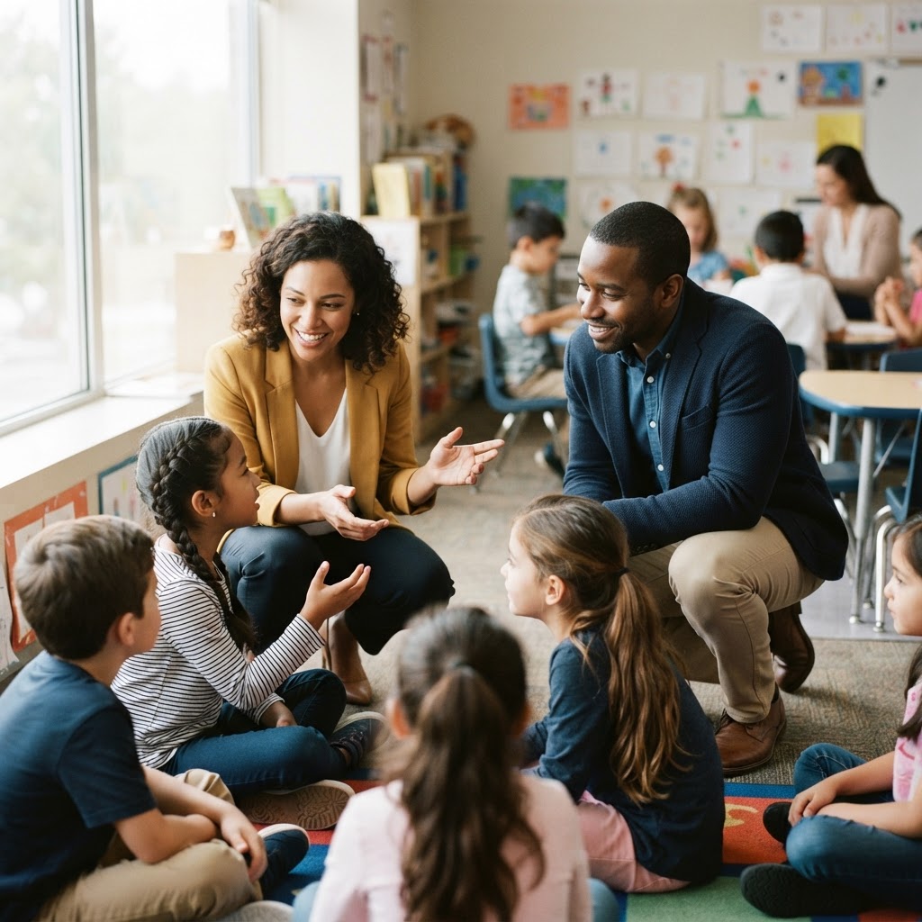 Business professionals talking with young kids at a career day